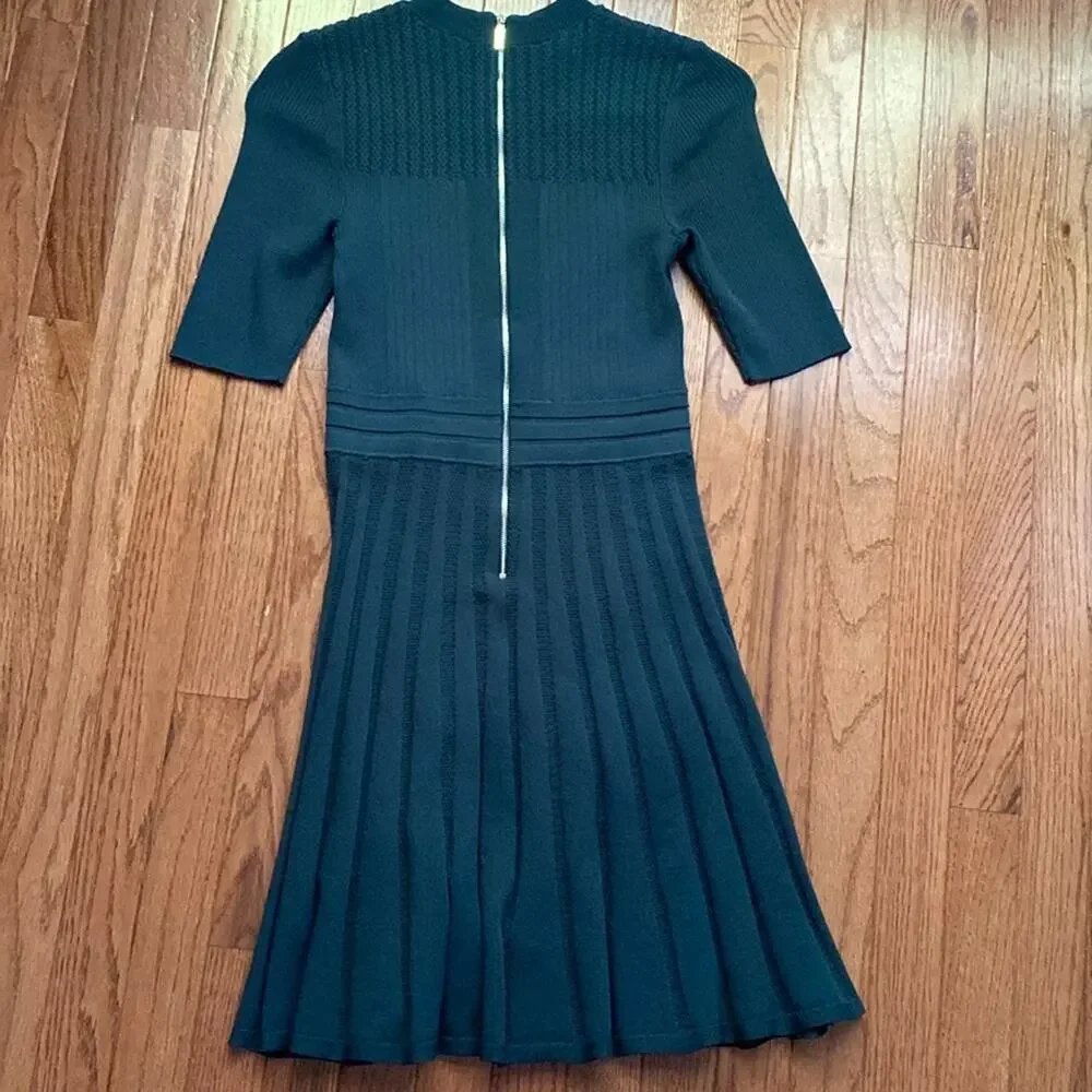 Ted Baker $289 Olivinn Stitch Detail Sweater Dress Green Pleated Skirt TB2 =US 6